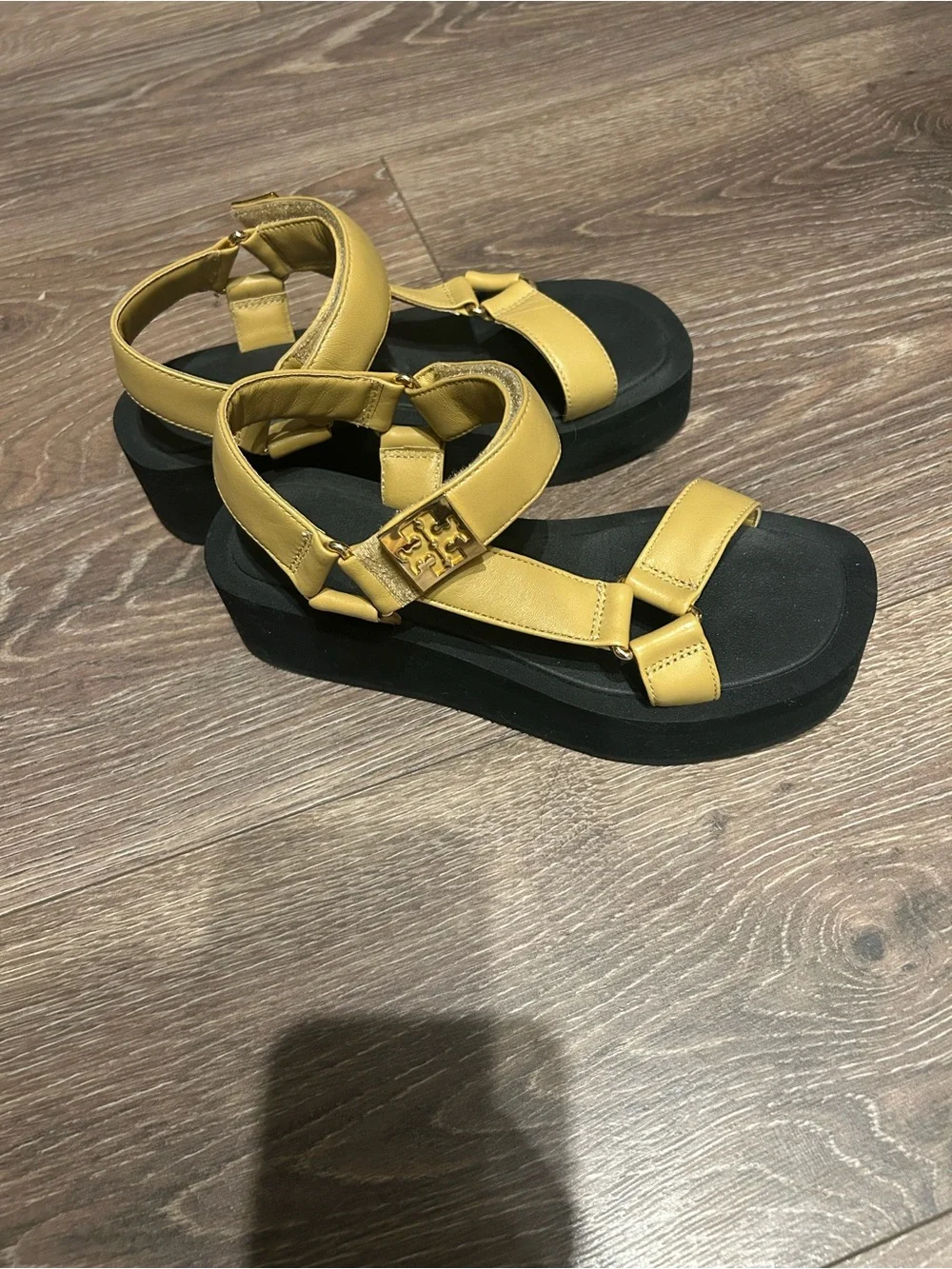 Tory Burch Mustard Yellow Leather Sport Sandals with Black Footbed